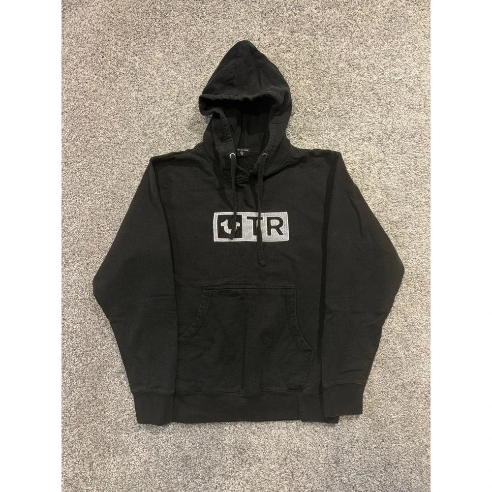 True Religion Hoodie Mens S Black TR Box Logo Embroidered Pullover Sweatshirt